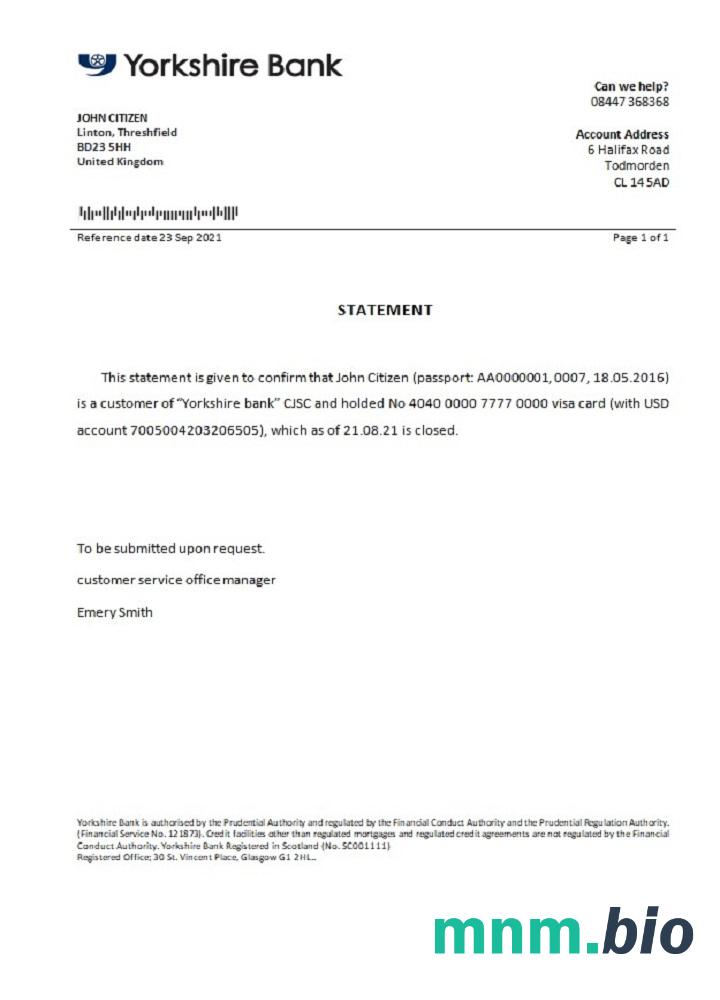 Przykład zamknięcia banku w Wielkiej Brytanii w Yorkshire w formatach Word i PDF